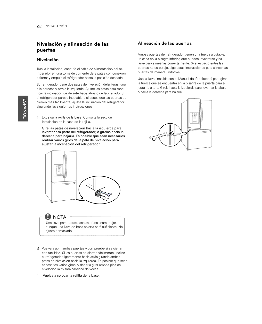 LG Electronics LFX31945ST owner manual Nivelación y alineación de las puertas, Alineación de las puertas 