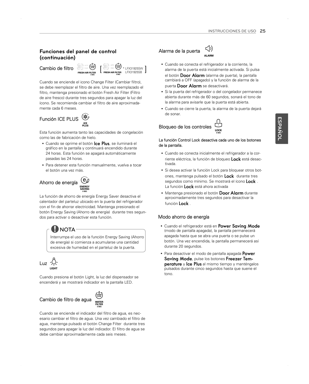 LG Electronics LFX31945ST Funciones del panel de control continuación, Saving Mode, pulse los botones Freezer Tem, Tono 