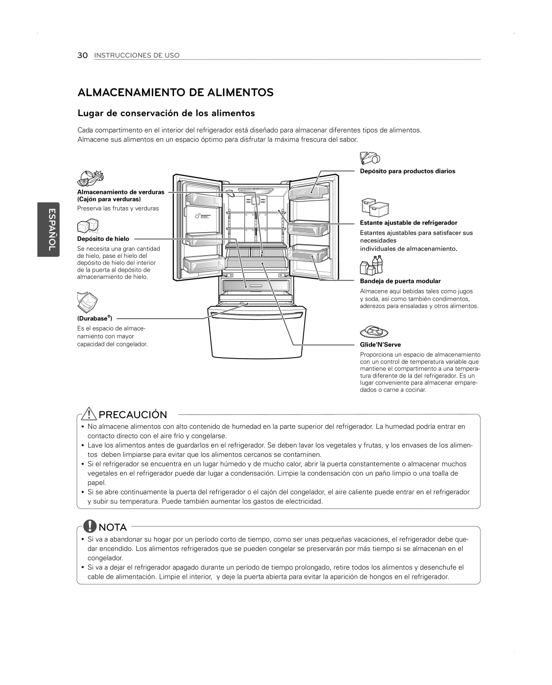 LG Electronics LFX31945ST owner manual Almacenamiento DE Alimentos, Lugar de conservación de los alimentos 