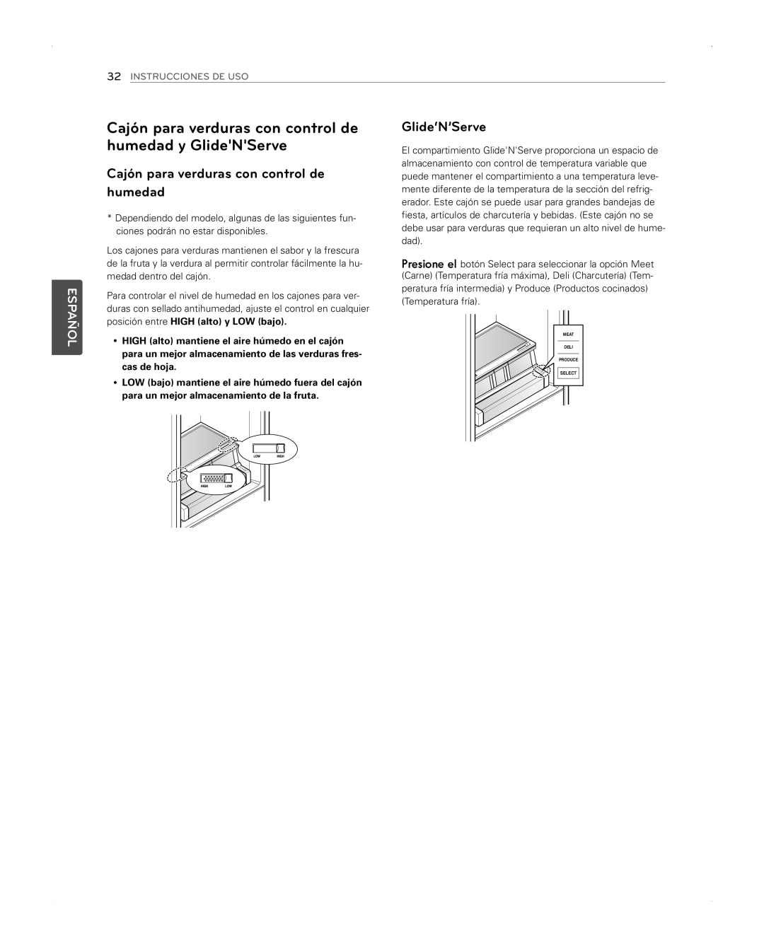 LG Electronics LFX31945ST owner manual Cajón para verduras con control de humedad y GlideNServe, Glide‘N’Serve 