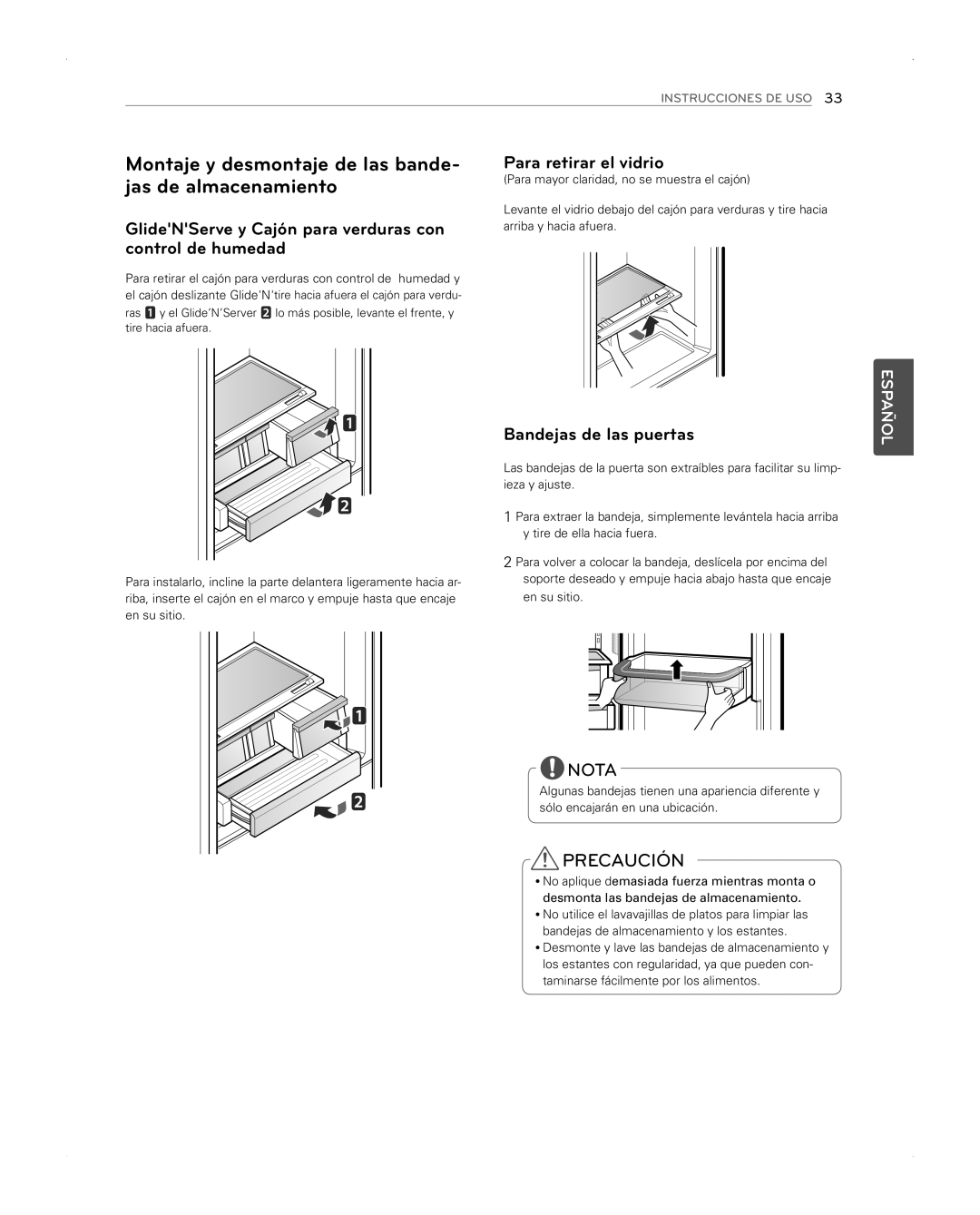 LG Electronics LFX31945ST owner manual Montaje y desmontaje de las bande- jas de almacenamiento, Para retirar el vidrio 