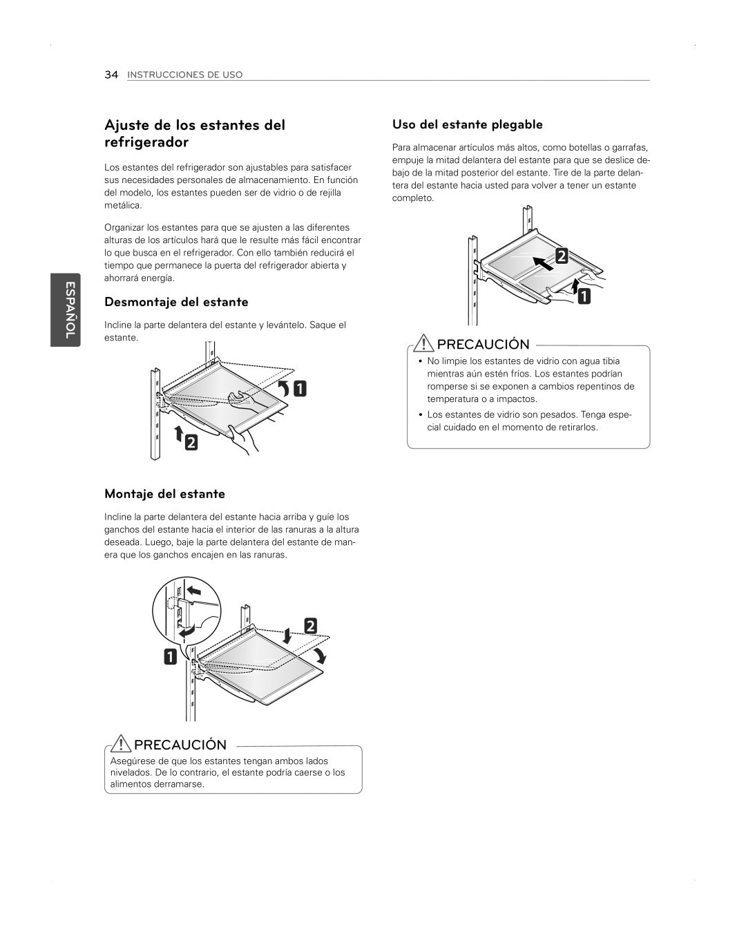 LG Electronics LFX31945ST Ajuste de los estantes del refrigerador, Desmontaje del estante, Uso del estante plegable 