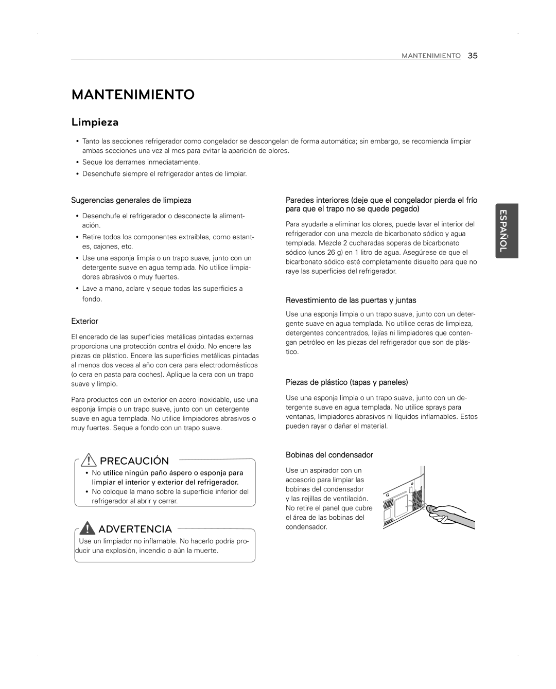 LG Electronics LFX31945ST owner manual Mantenimiento, Limpieza 