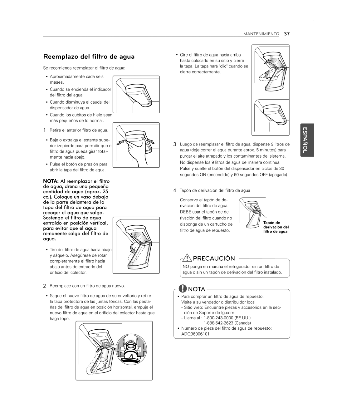 LG Electronics LFX31945ST owner manual Reemplazo del filtro de agua 