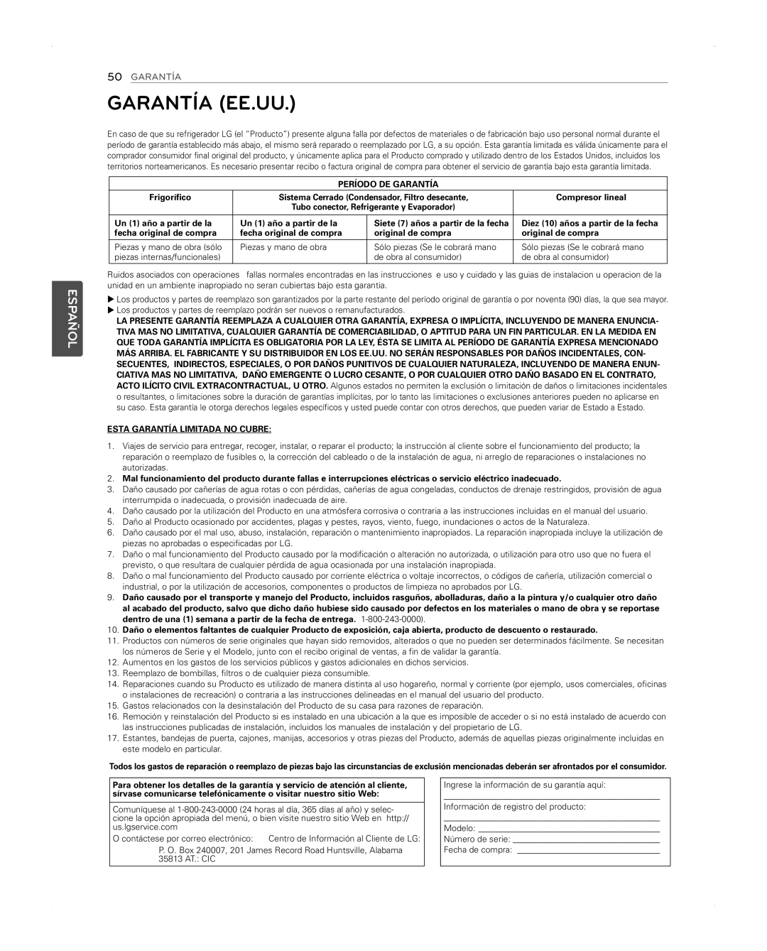 LG Electronics LFX31945ST owner manual Garantía EE.UU, Período DE Garantía 