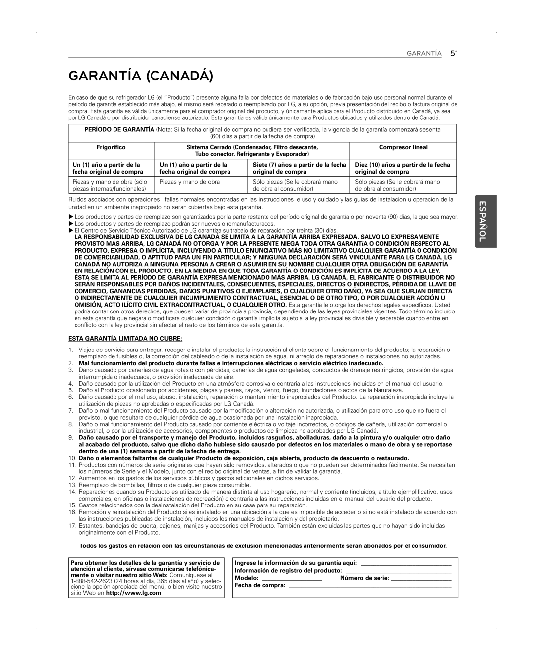 LG Electronics LFX31945ST owner manual Garantía Canadá 