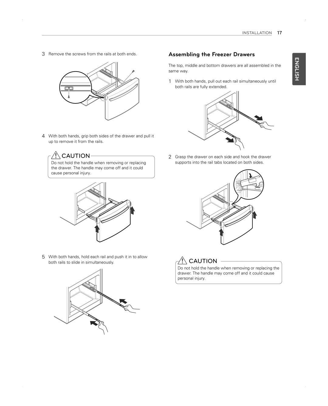 LG Electronics LFX31945ST Assembling the Freezer Drawers, Remove the screws from the rails at both ends, Same way 