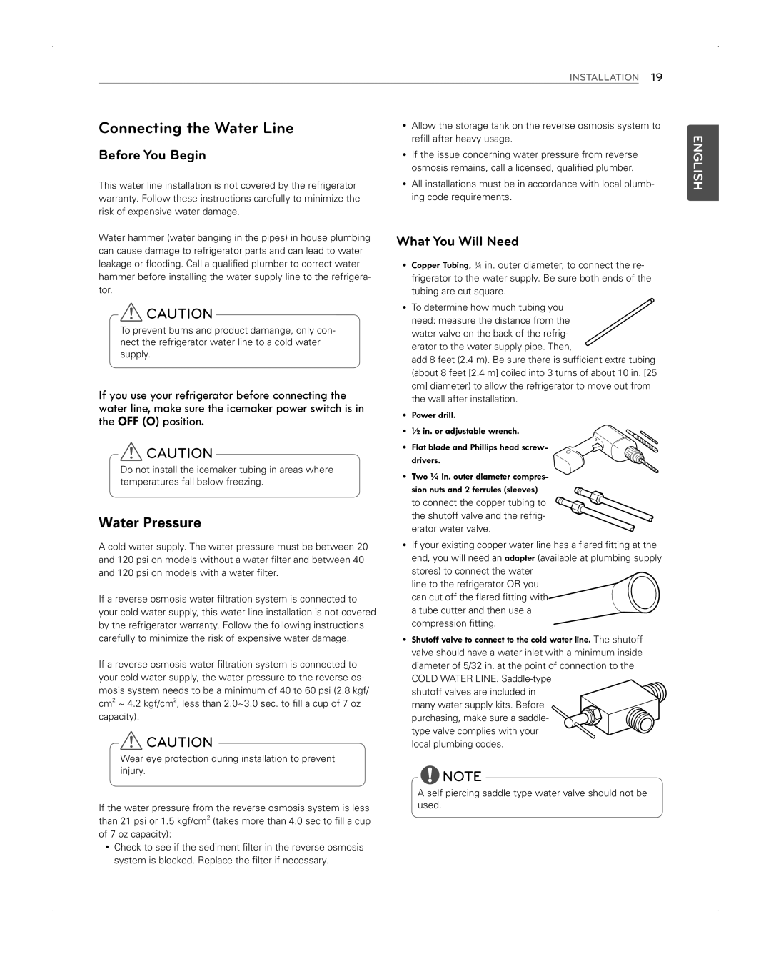 LG Electronics LFX31945ST owner manual Connecting the Water Line, Before You Begin, Water Pressure, What You Will Need 