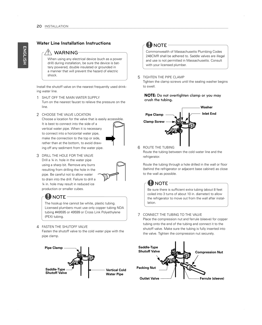 LG Electronics LFX31945ST owner manual Water Line Installation Instructions, Washer Pipe Clamp Inlet End Clamp Screw 