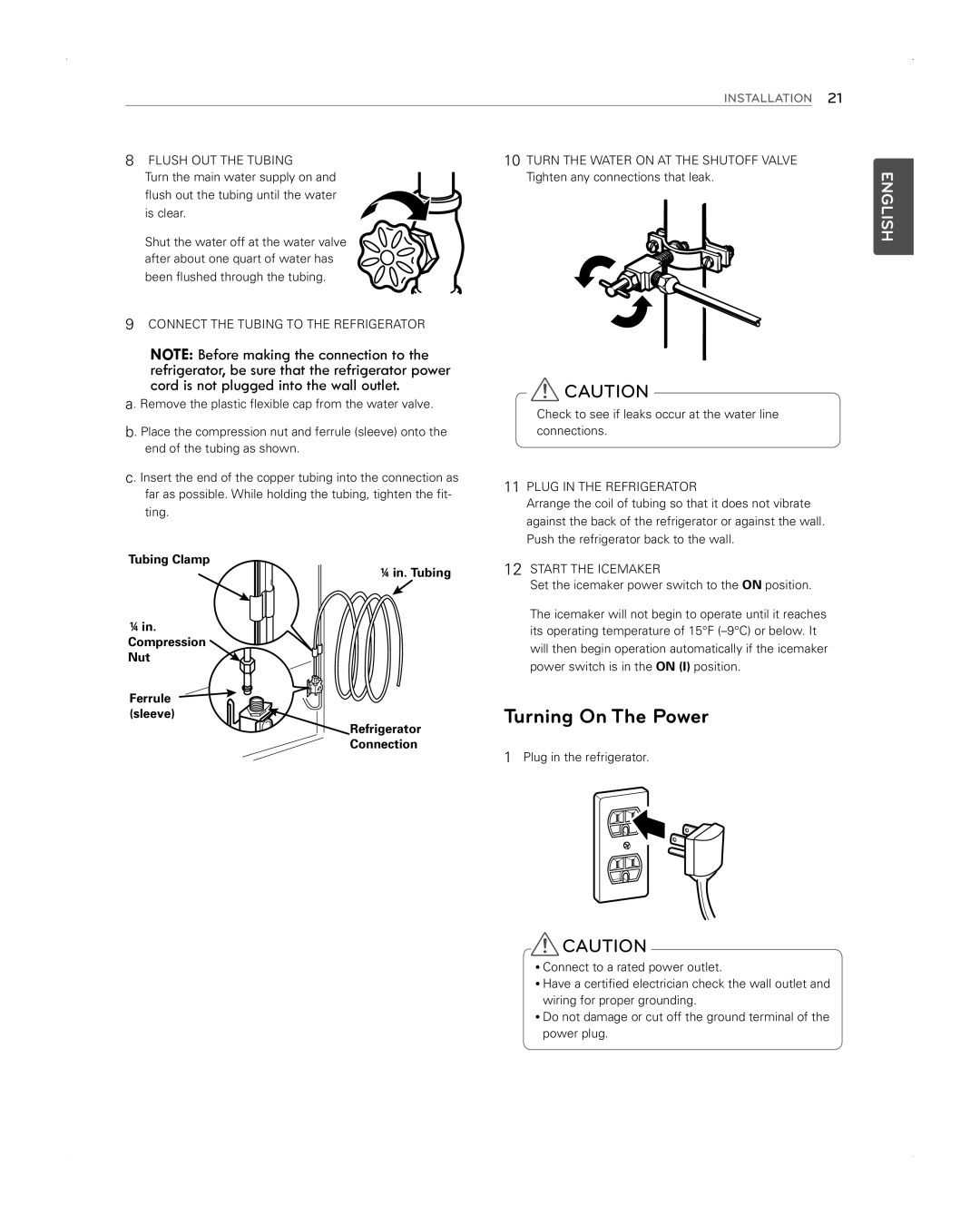 LG Electronics LFX31945ST owner manual Turning On The Power, Flush OUT the Tubing Turn the Water on AT the Shutoff Valve 