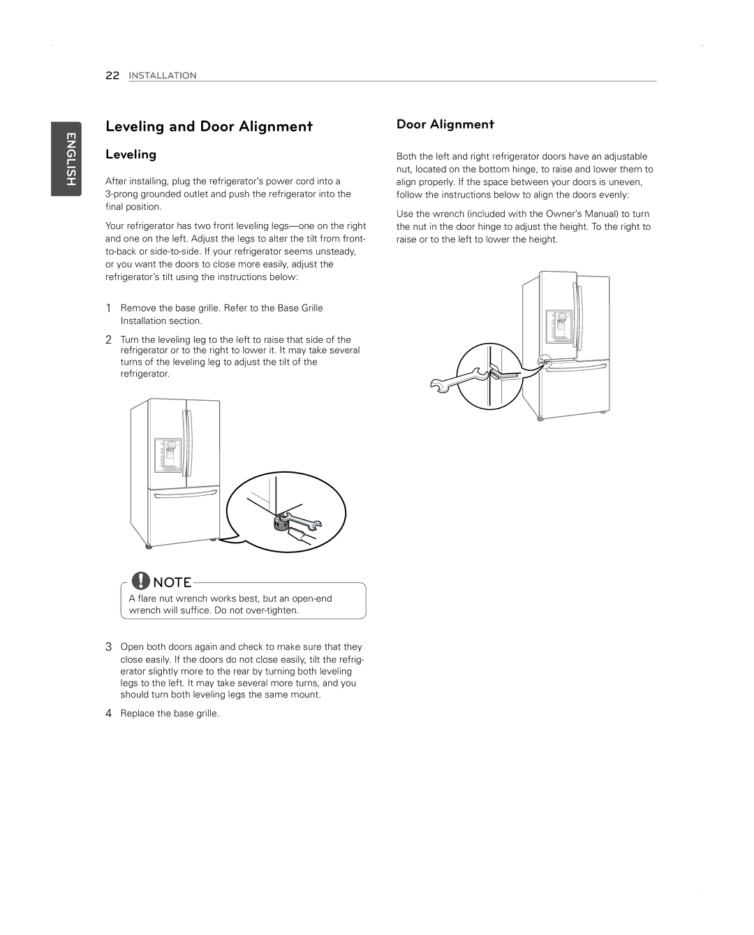 LG Electronics LFX31945ST owner manual Leveling and Door Alignment 