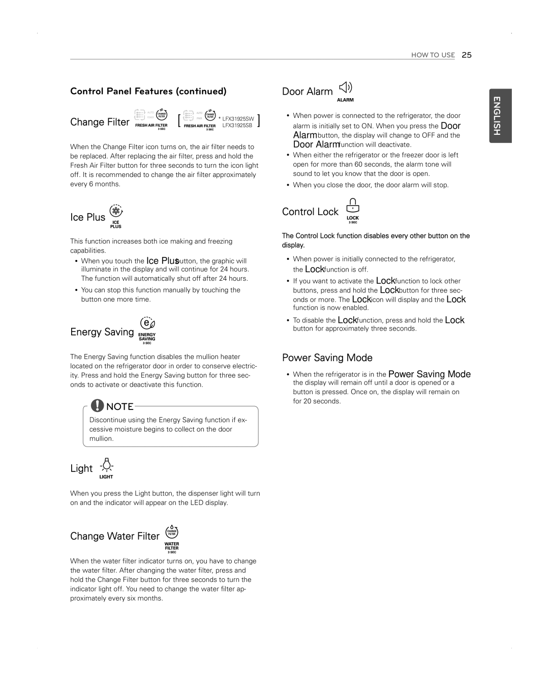 LG Electronics LFX31945ST owner manual Control Panel Features, Change Filter 