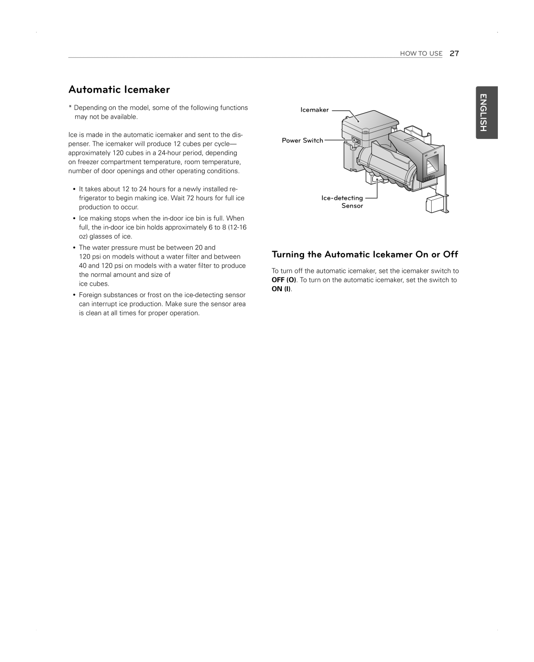 LG Electronics LFX31945ST owner manual Automatic Icemaker, Turning the Automatic Icekamer On or Off 