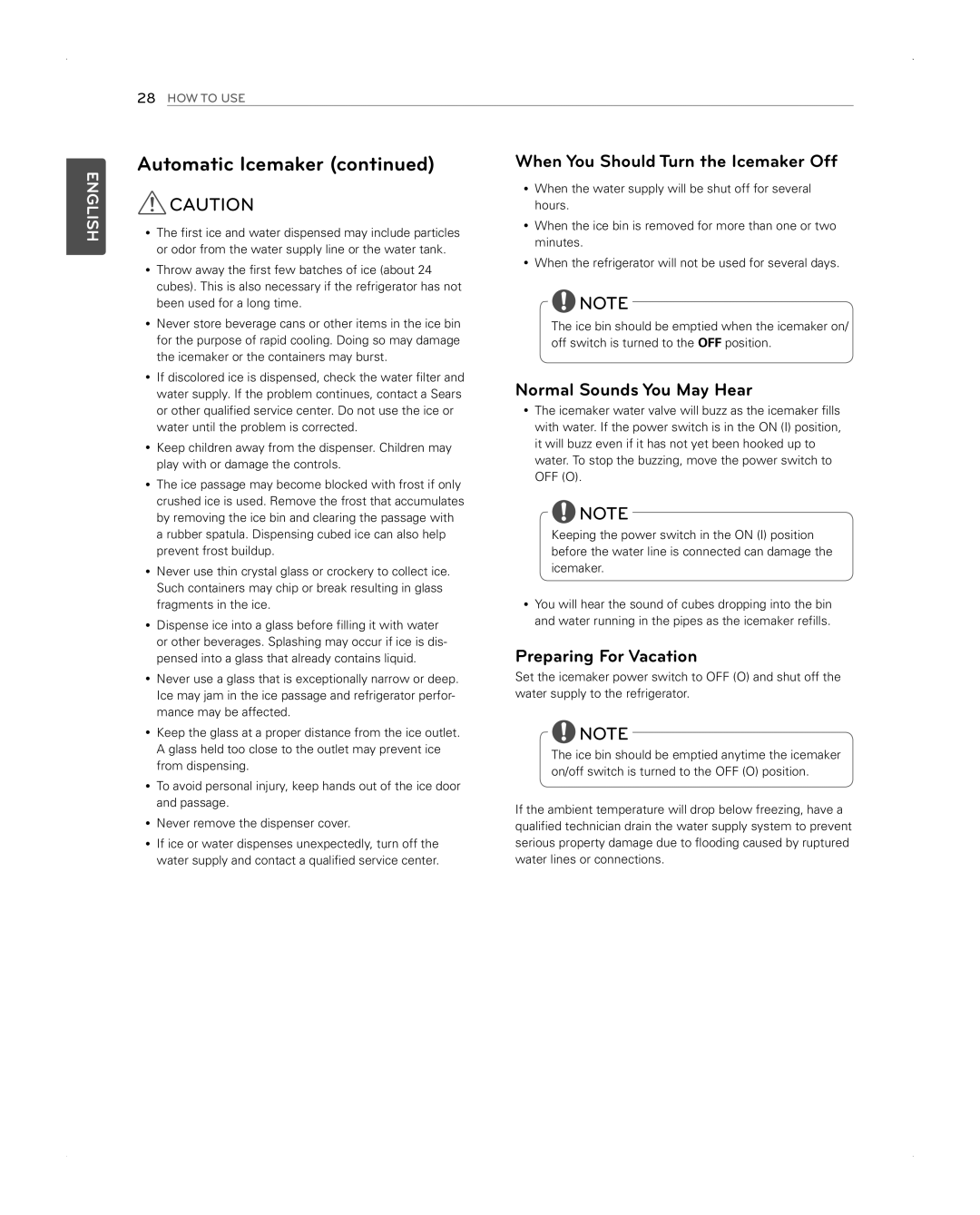 LG Electronics LFX31945ST When You Should Turn the Icemaker Off, Normal Sounds You May Hear, Preparing For Vacation 