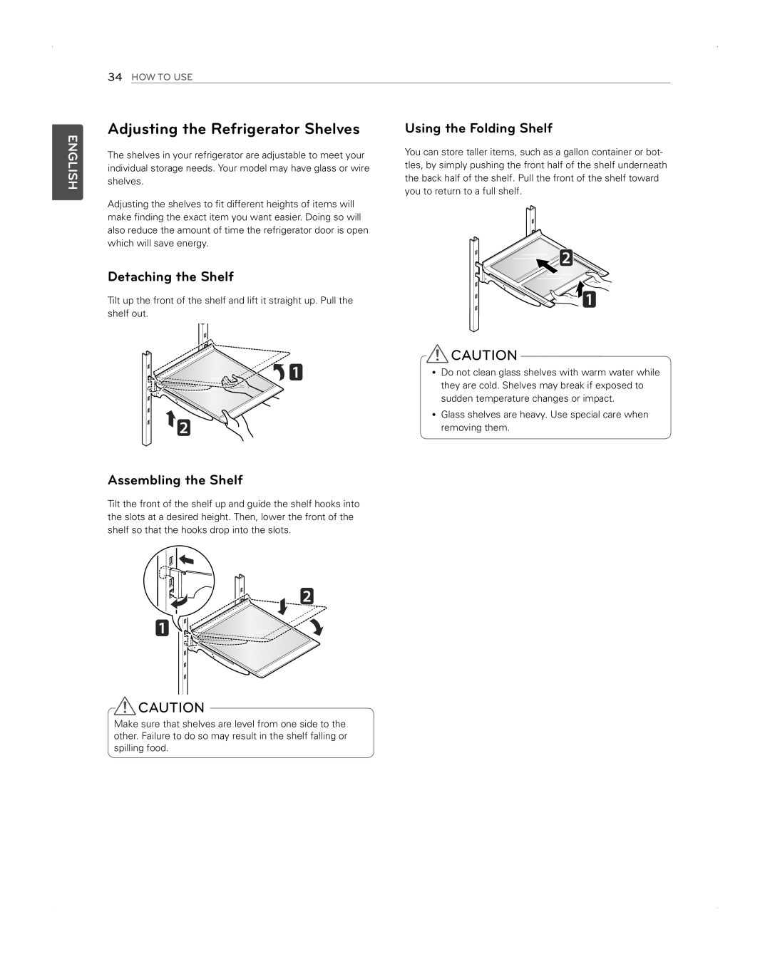 LG Electronics LFX31945ST owner manual Adjusting the Refrigerator Shelves, Detaching the Shelf, Using the Folding Shelf 