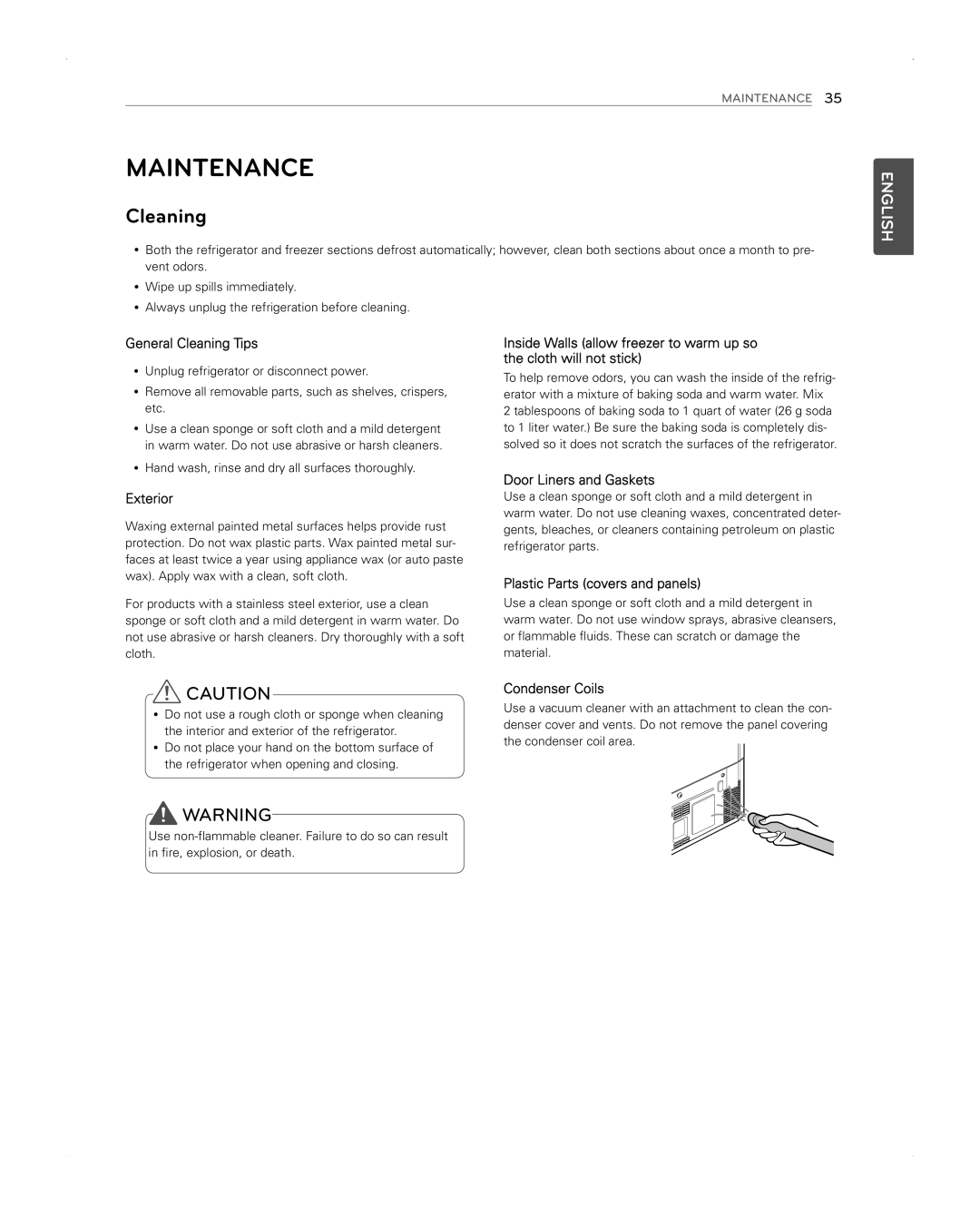 LG Electronics LFX31945ST owner manual Maintenance, Cleaning, Hand wash, rinse and dry all surfaces thoroughly 