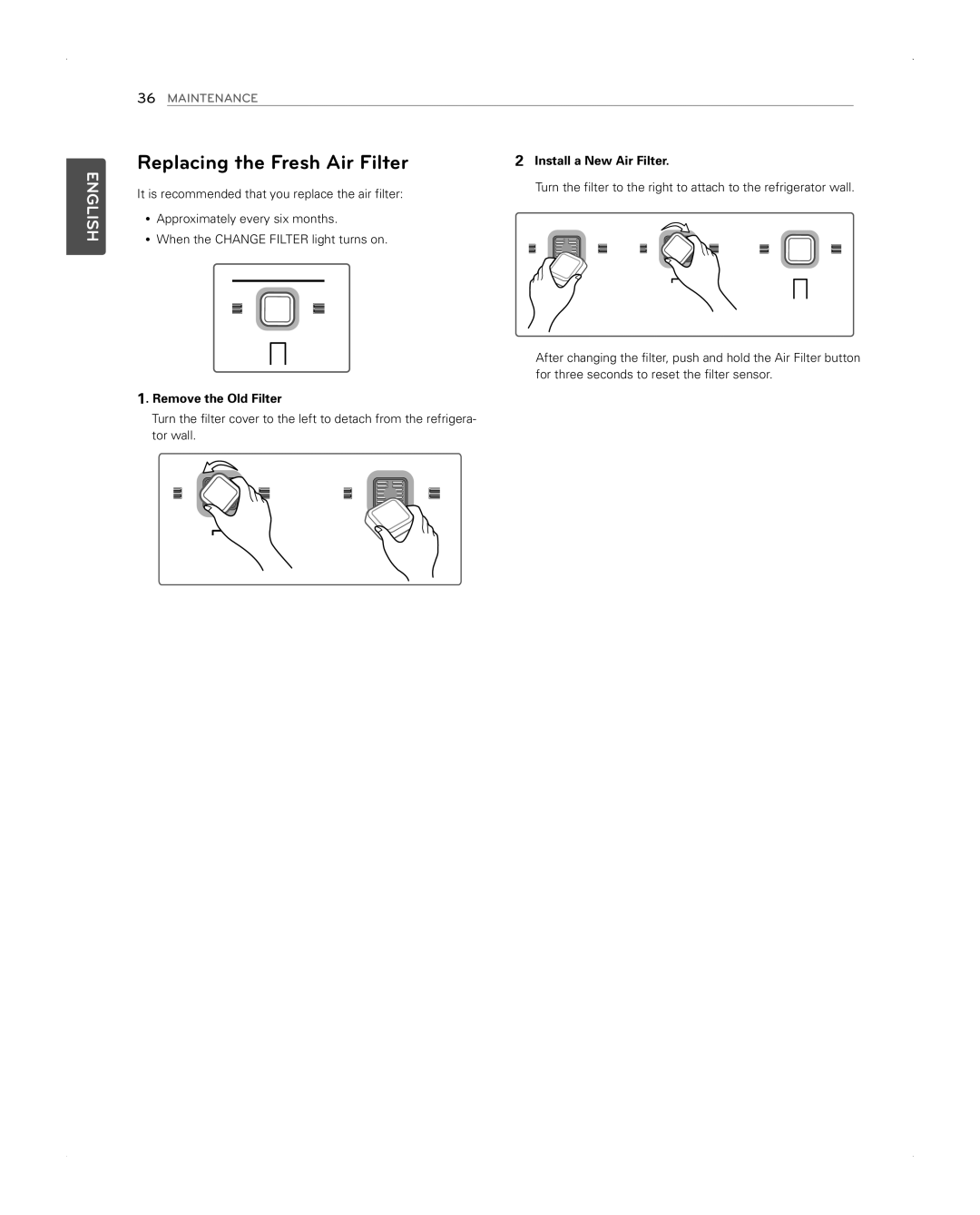 LG Electronics LFX31945ST owner manual Replacing the Fresh Air Filter, Install a New Air Filter, Remove the Old Filter 