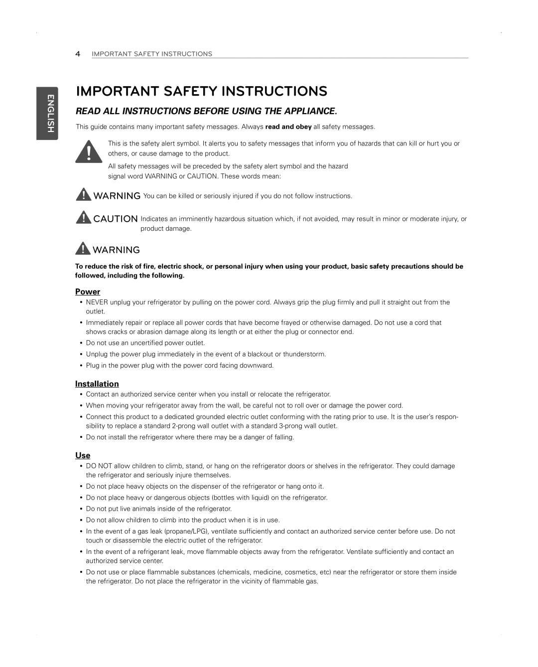 LG Electronics LFX31945ST owner manual Important Safety Instructions, Read ALL Instructions Before Using the Appliance 