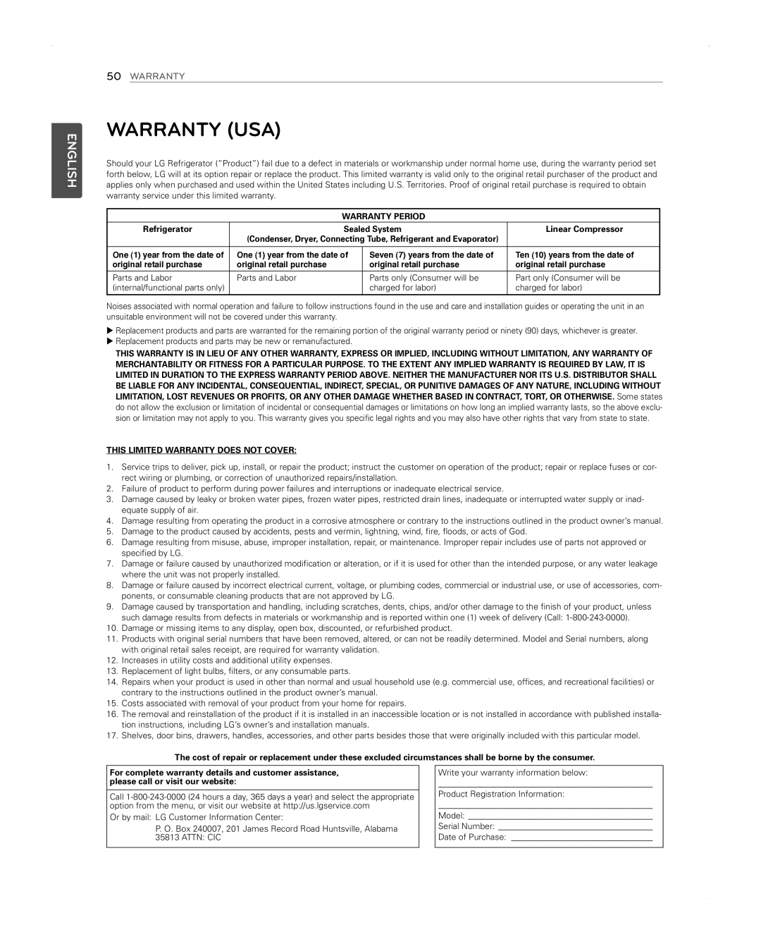 LG Electronics LFX31945ST owner manual Warranty USA, Warranty Period 