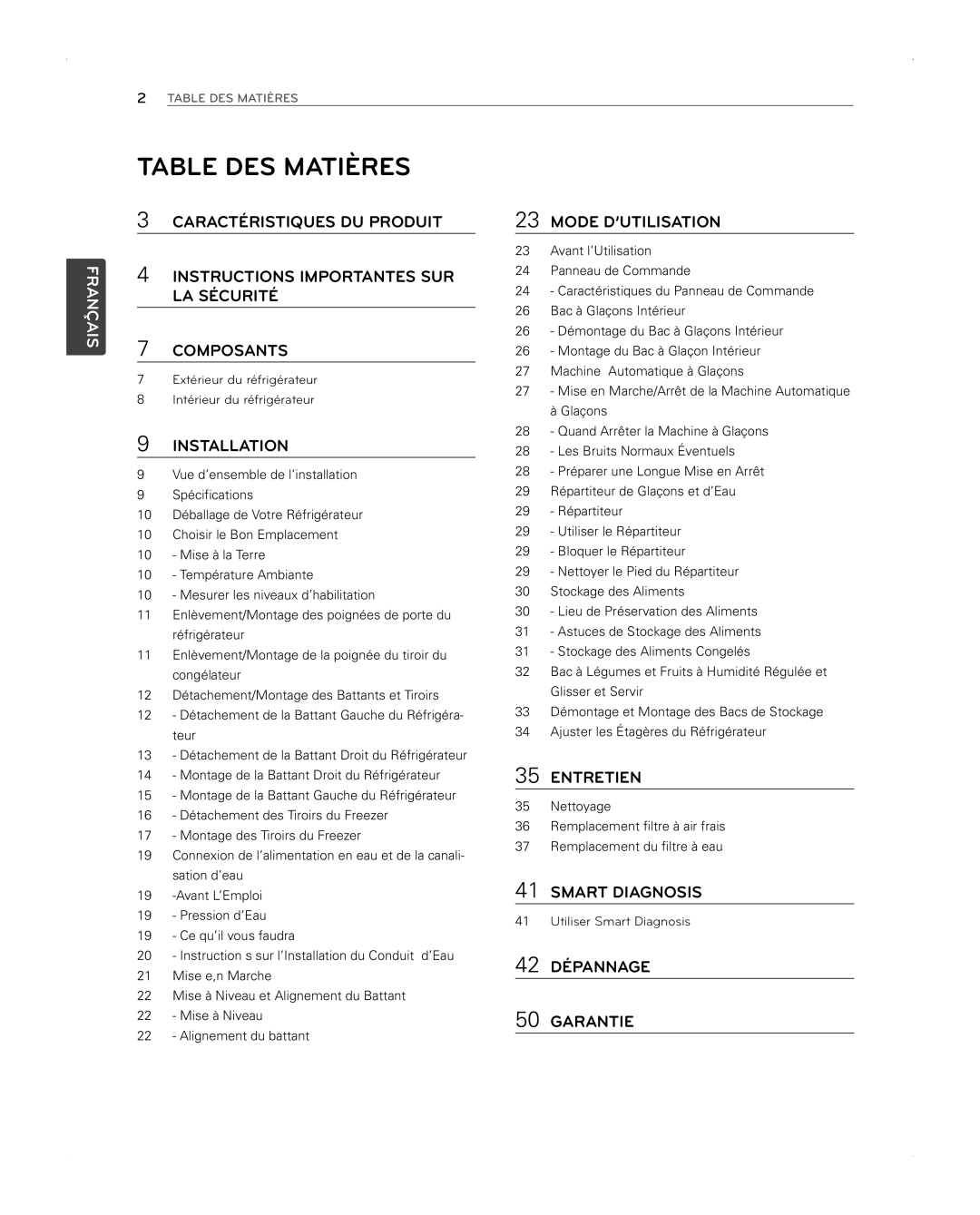 LG Electronics LFX31945ST owner manual Table DES Matières, Mode D’UTILISATION 