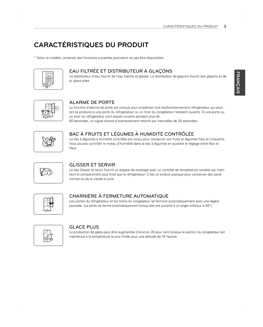 LG Electronics LFX31945ST owner manual Caractéristiques DU Produit, EAU Filtrée ET Distributeur À Glaçons 