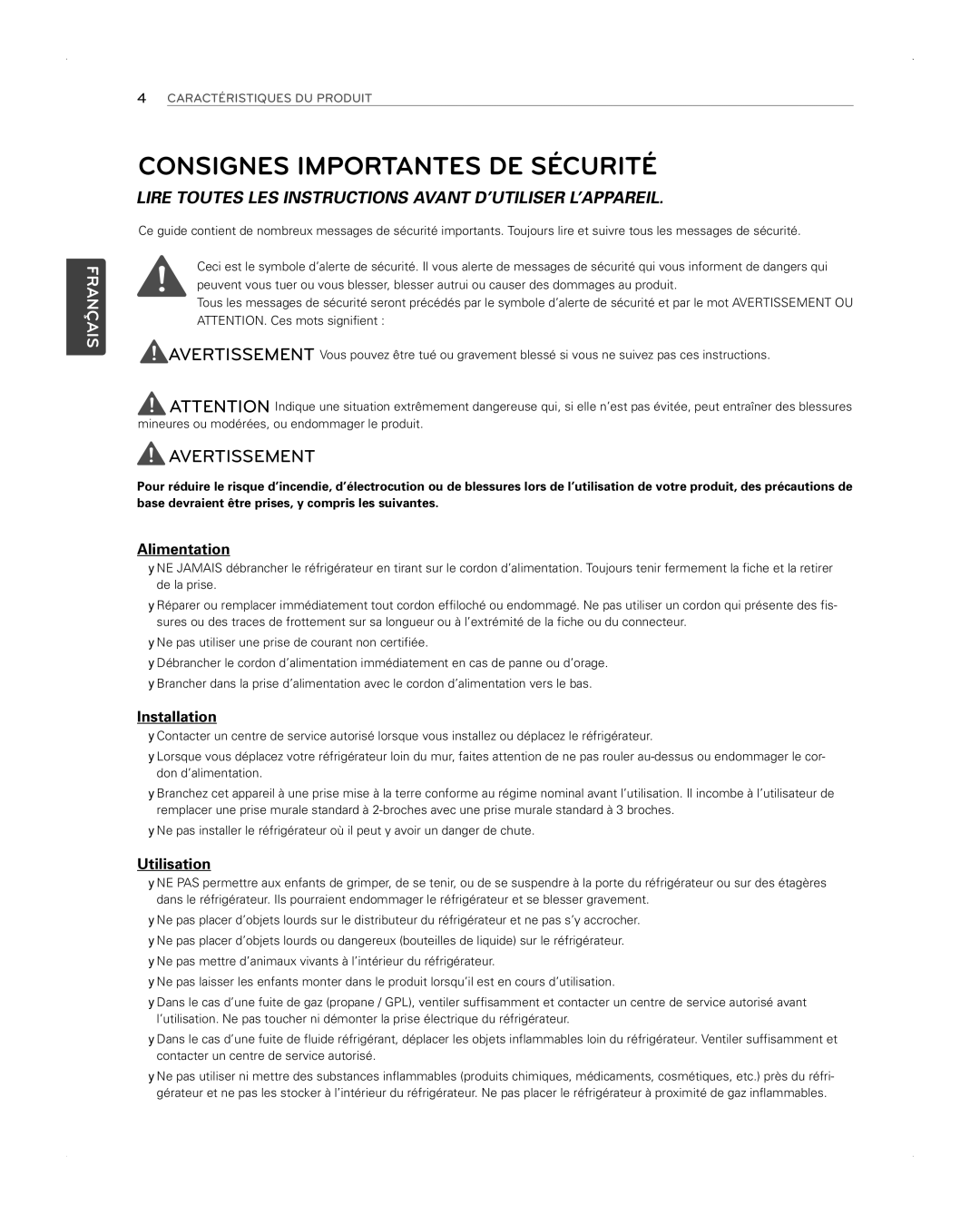 LG Electronics LFX31945ST Consignes Importantes DE Sécurité, Lire Toutes LES Instructions Avant D’UTILISER L’APPAREIL 