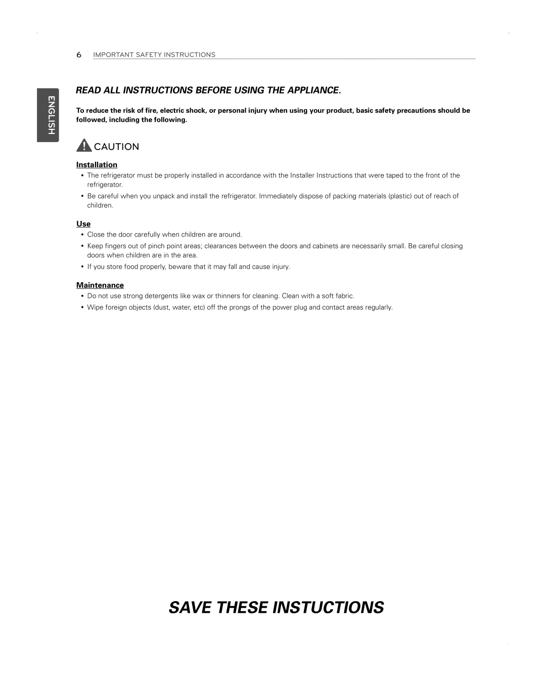 LG Electronics LFX31945ST owner manual Save These Instuctions 