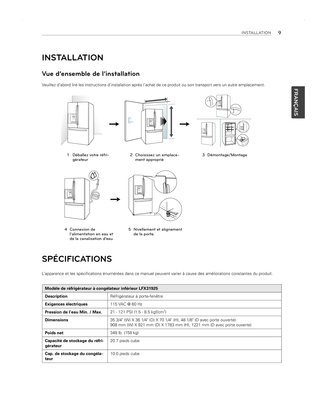 LG Electronics LFX31945ST owner manual Spécifications, Vue d’ensemble de l’installation 