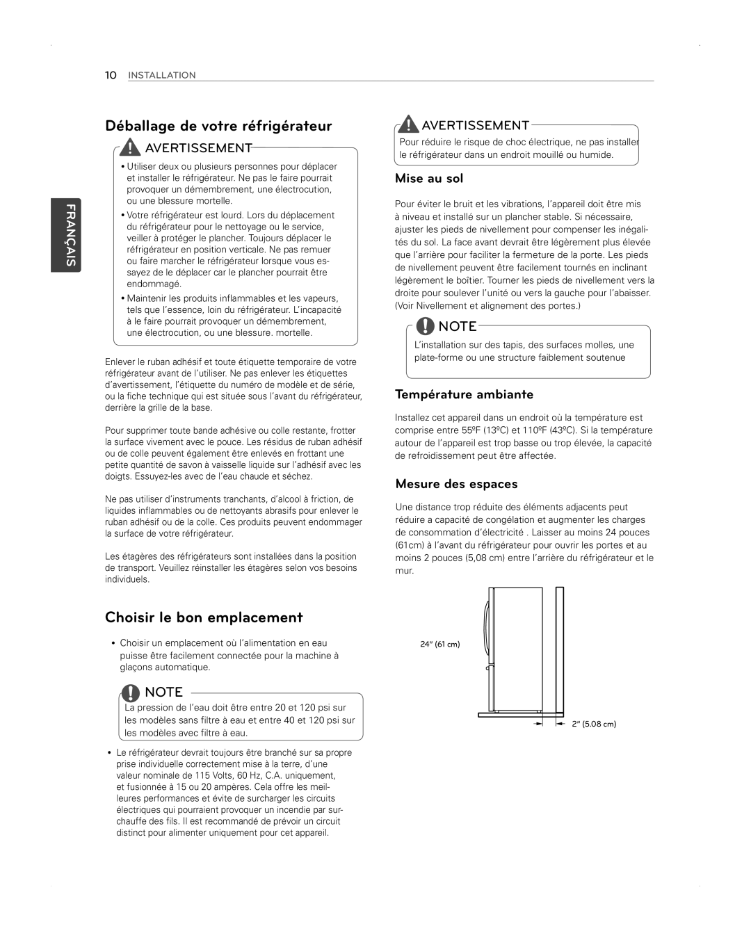 LG Electronics LFX31945ST Déballage de votre réfrigérateur, Choisir le bon emplacement, Mise au sol, Température ambiante 