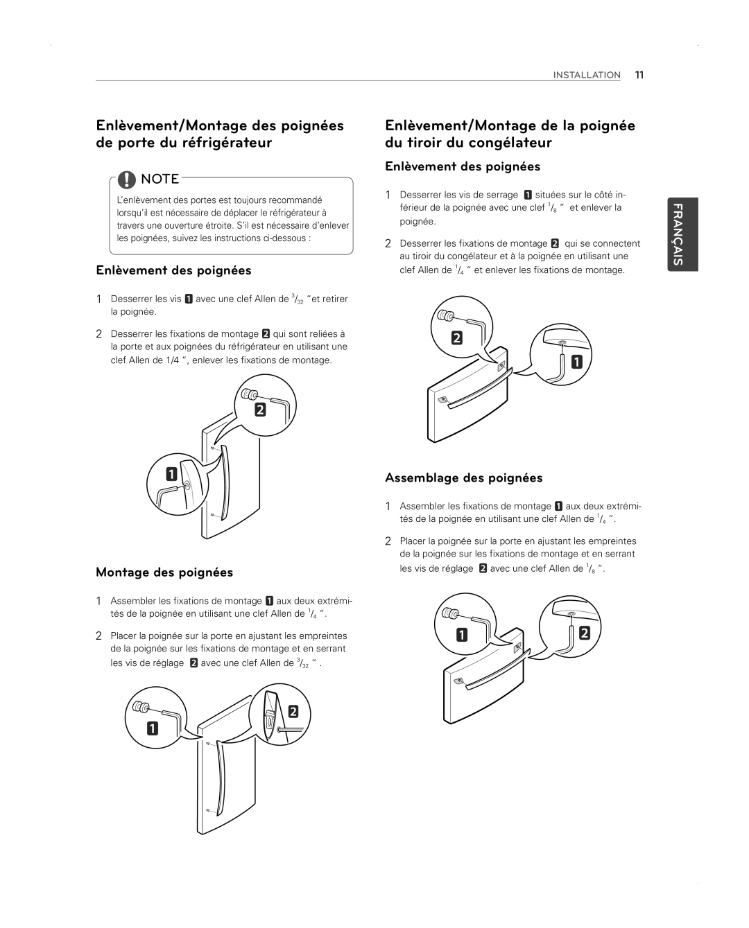 LG Electronics LFX31945ST owner manual Enlèvement/Montage de la poignée du tiroir du congélateur, Enlèvement des poignées 