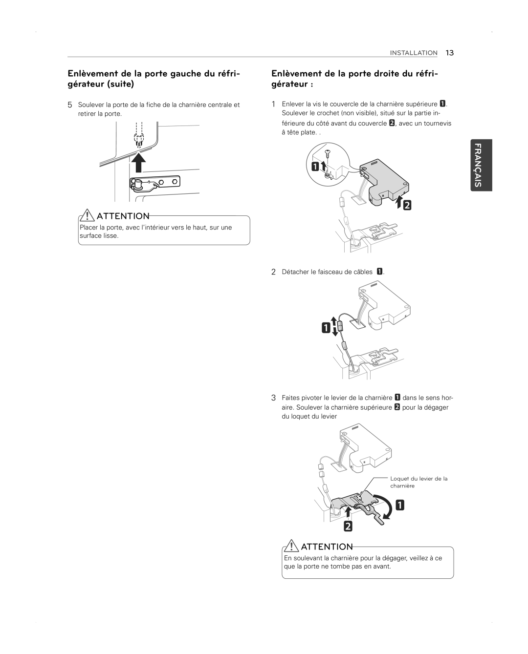 LG Electronics LFX31945ST owner manual Enlèvement de la porte gauche du réfri- gérateur suite 