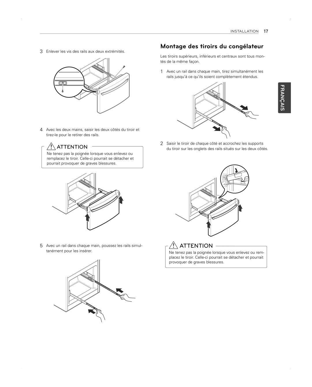 LG Electronics LFX31945ST owner manual Montage des tiroirs du congélateur 