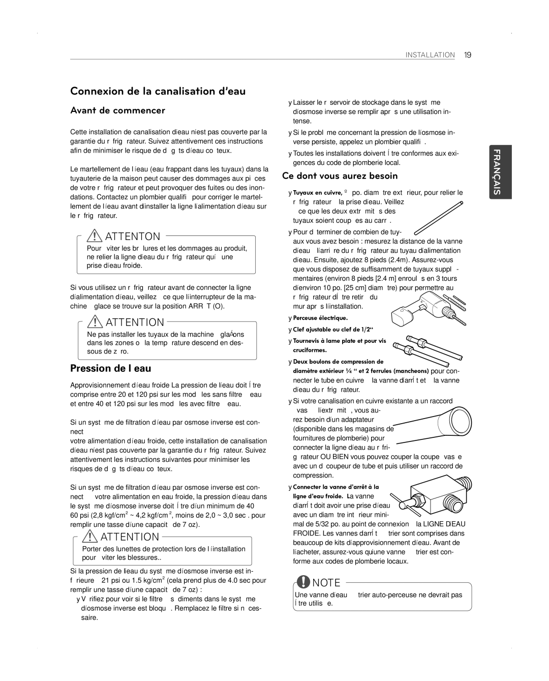 LG Electronics LFX31945ST owner manual Connexion de la canalisation d’eau, Avant de commencer, Pression de l’eau 