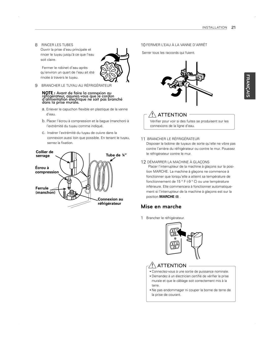 LG Electronics LFX31945ST owner manual Mise en marche, Enlever le capuchon flexible en plastique de la vanne, Tube de ¼ 