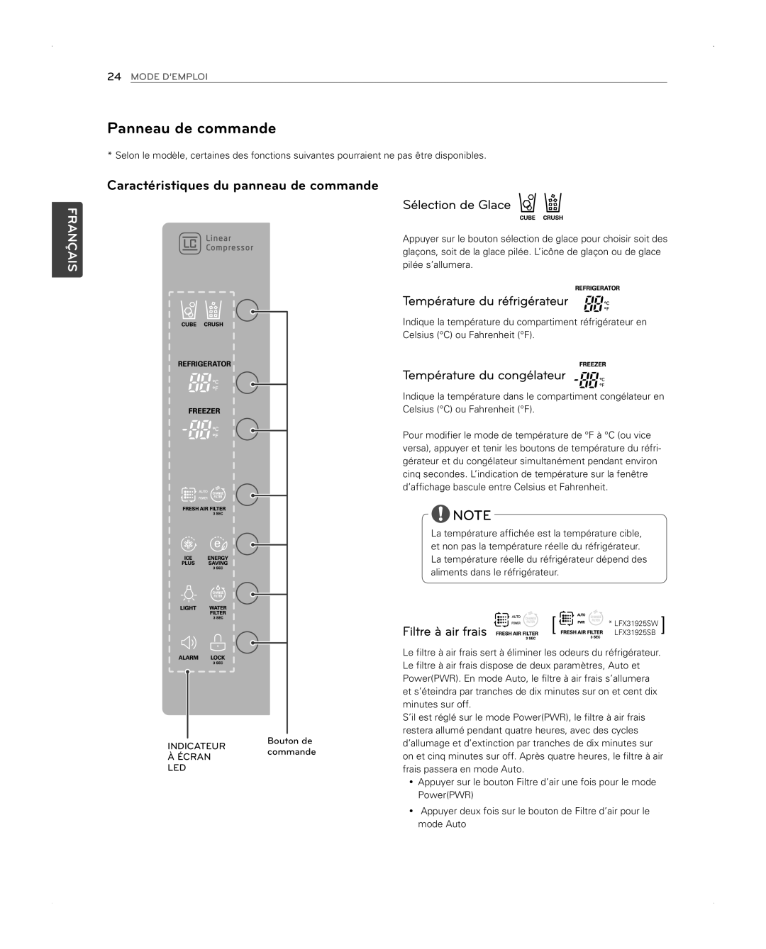 LG Electronics LFX31945ST owner manual Panneau de commande, Caractéristiques du panneau de commande 