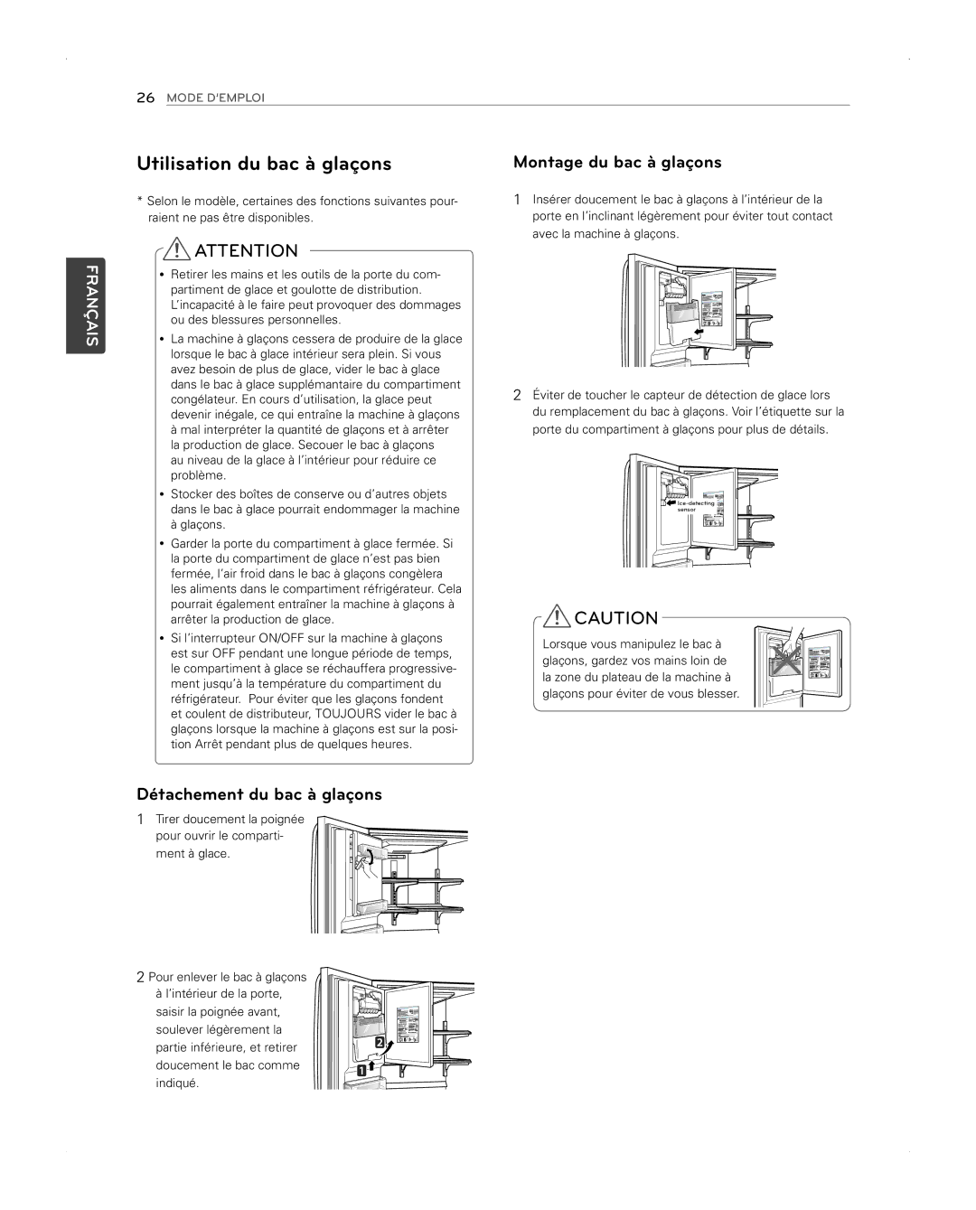 LG Electronics LFX31945ST owner manual Utilisation du bac à glaçons, Montage du bac à glaçons, Détachement du bac à glaçons 