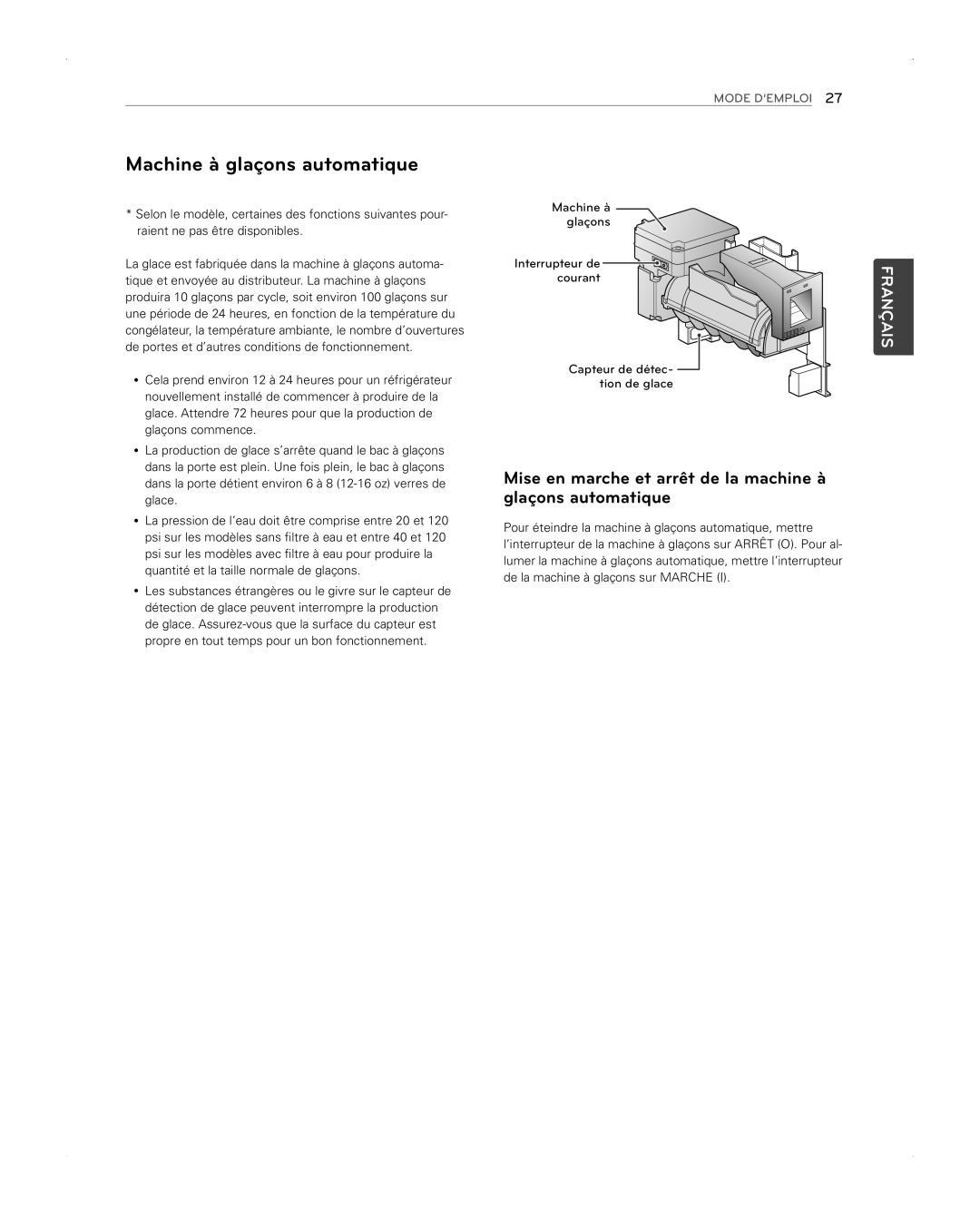 LG Electronics LFX31945ST Machine à glaçons automatique, Mise en marche et arrêt de la machine à glaçons automatique 