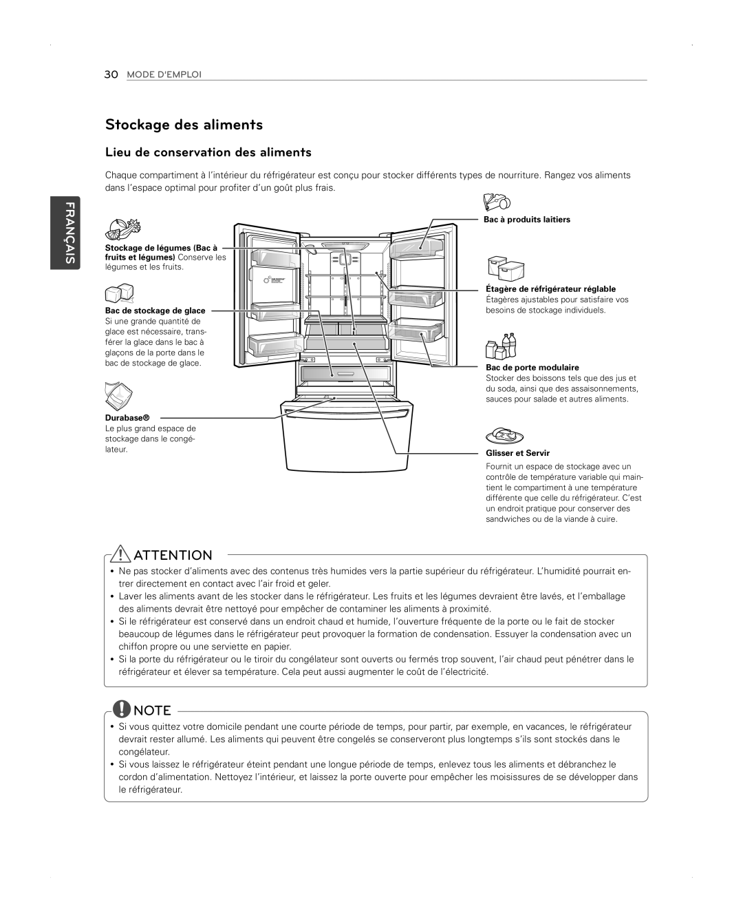 LG Electronics LFX31945ST owner manual Stockage des aliments, Lieu de conservation des aliments 