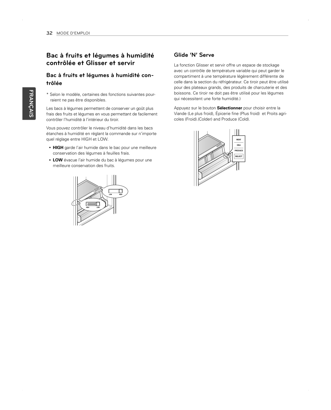 LG Electronics LFX31945ST owner manual Bac à fruits et légumes à humidité con- trôlée, Glide ‘N’ Serve 