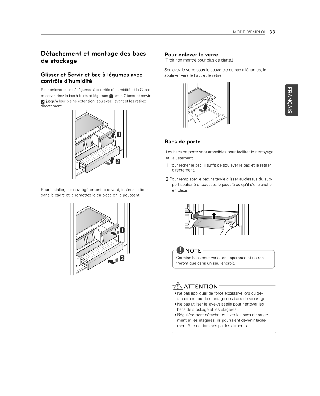 LG Electronics LFX31945ST owner manual Détachement et montage des bacs de stockage, Pour enlever le verre, Bacs de porte 