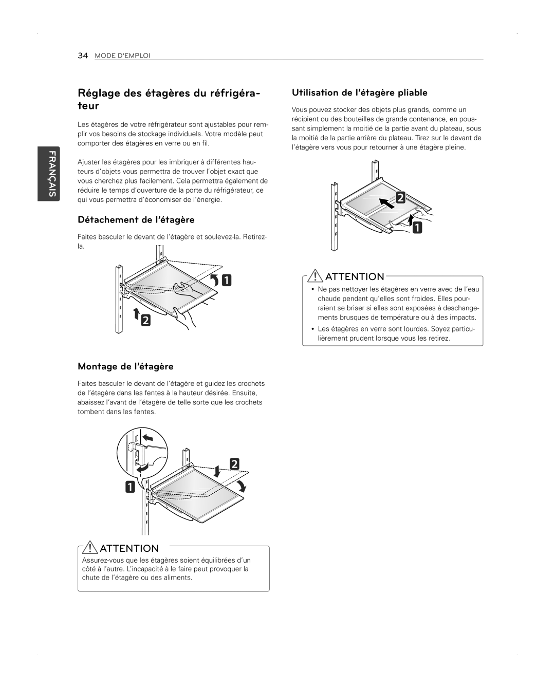 LG Electronics LFX31945ST Réglage des étagères du réfrigéra- teur, Détachement de l’étagère, Montage de l’étagère 