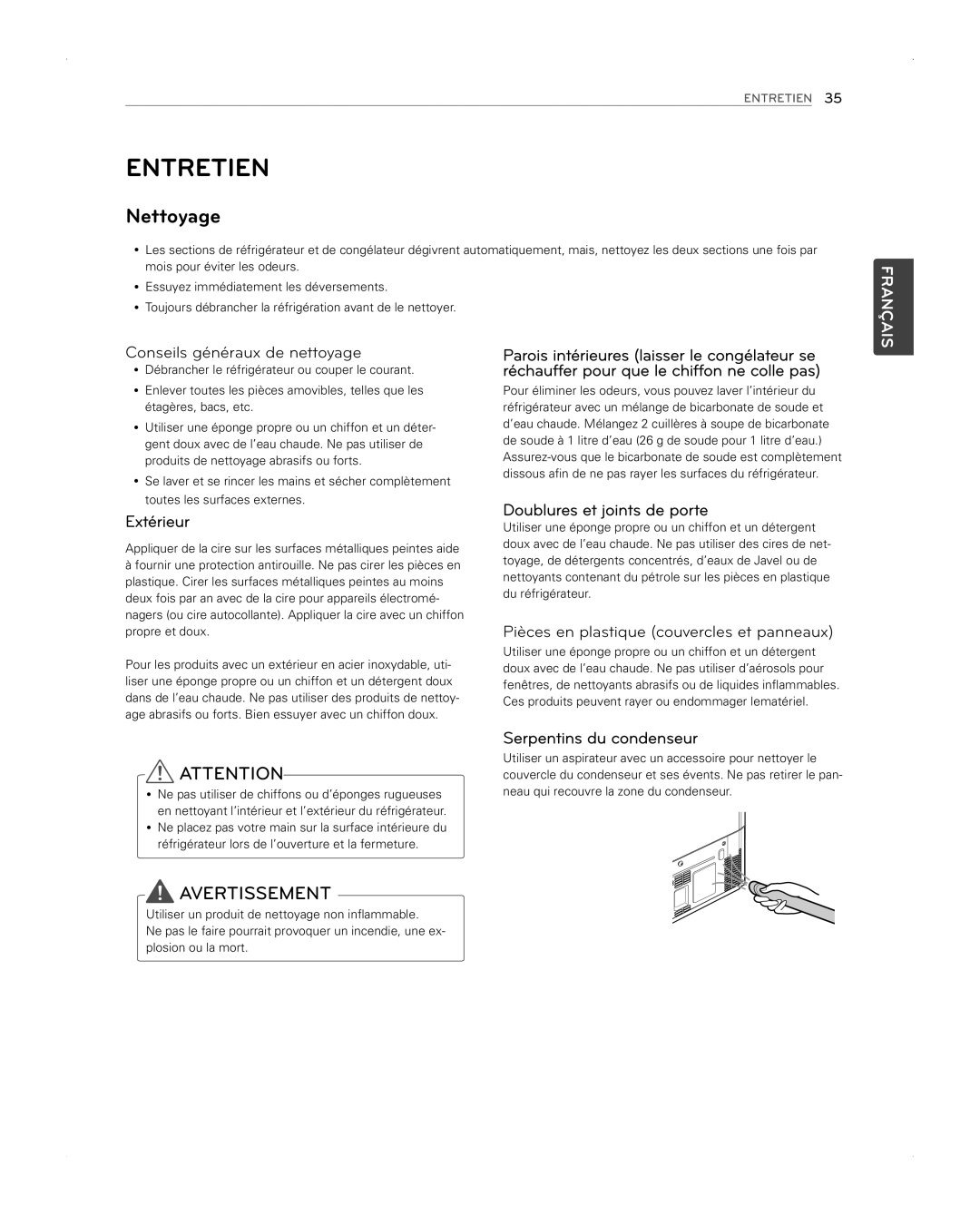 LG Electronics LFX31945ST owner manual Entretien, Nettoyage, Doublures et joints de porte, Serpentins du condenseur 