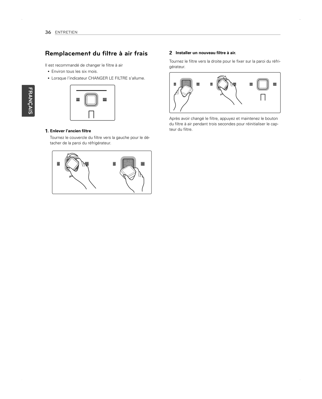 LG Electronics LFX31945ST Remplacement du filtre à air frais, Enlever l’ancien filtre, Installer un nouveau filtre à air 