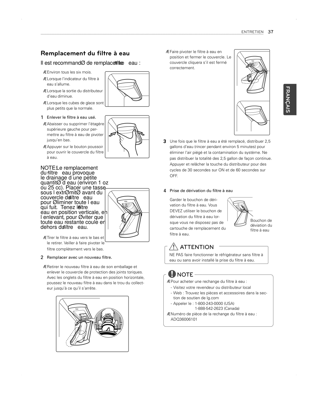 LG Electronics LFX31945ST owner manual Remplacement du filtre à eau, Filtre complètement vers le bas 