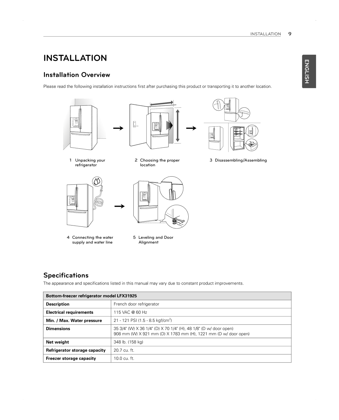 LG Electronics LFX31945ST owner manual Installation Overview, Specifications 