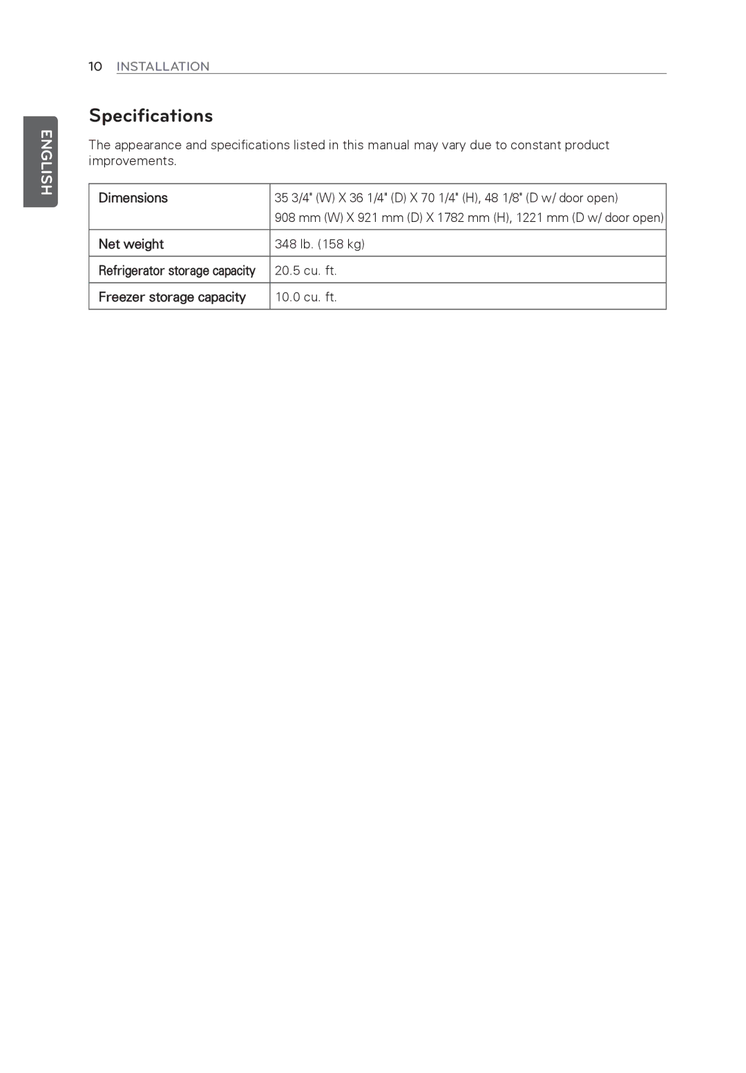 LG Electronics LFX31945ST owner manual Specifications, Dimensions, Net weight, Freezer storage capacity 