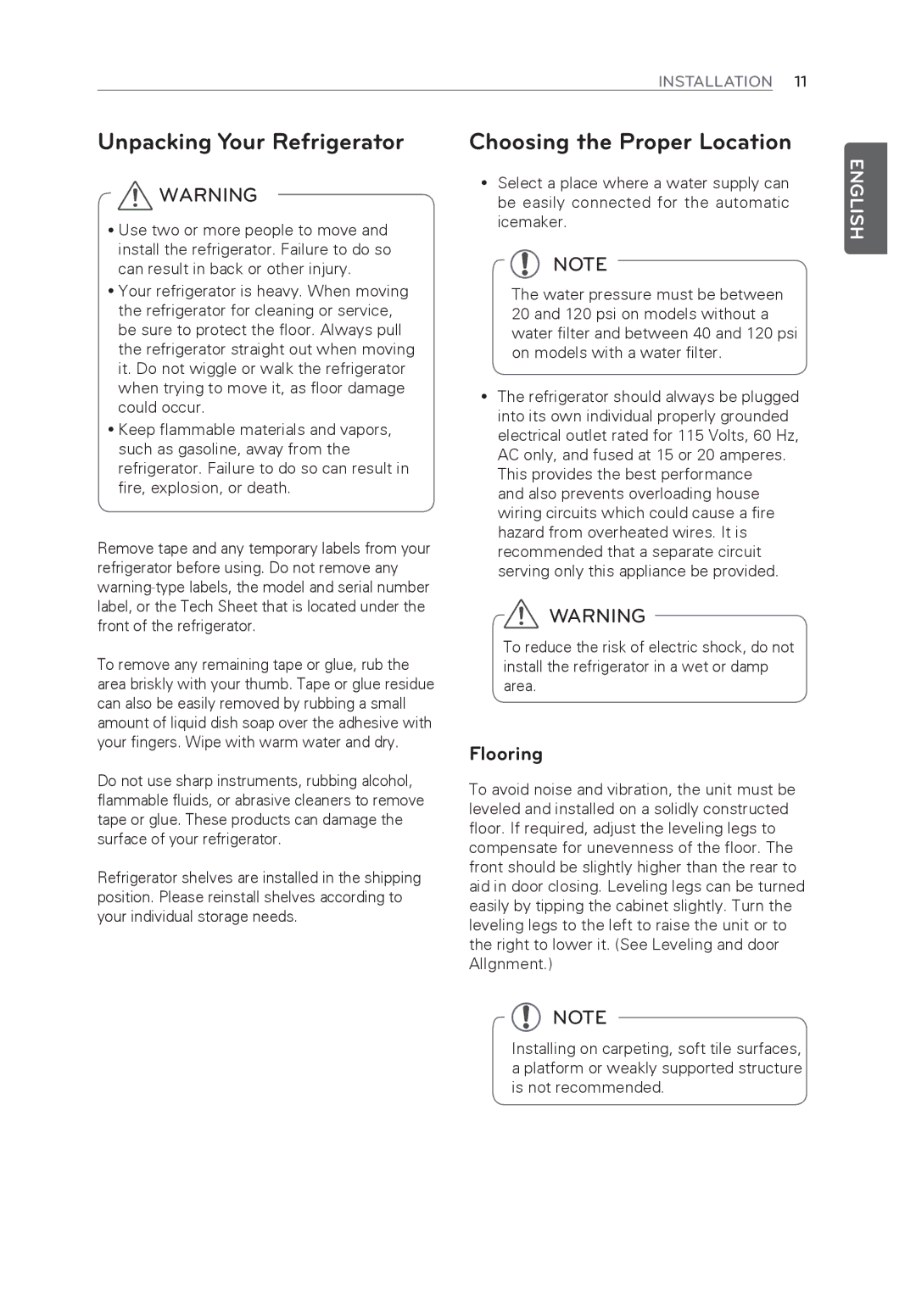 LG Electronics LFX31945ST owner manual Unpacking Your Refrigerator, Choosing the Proper Location, Flooring 