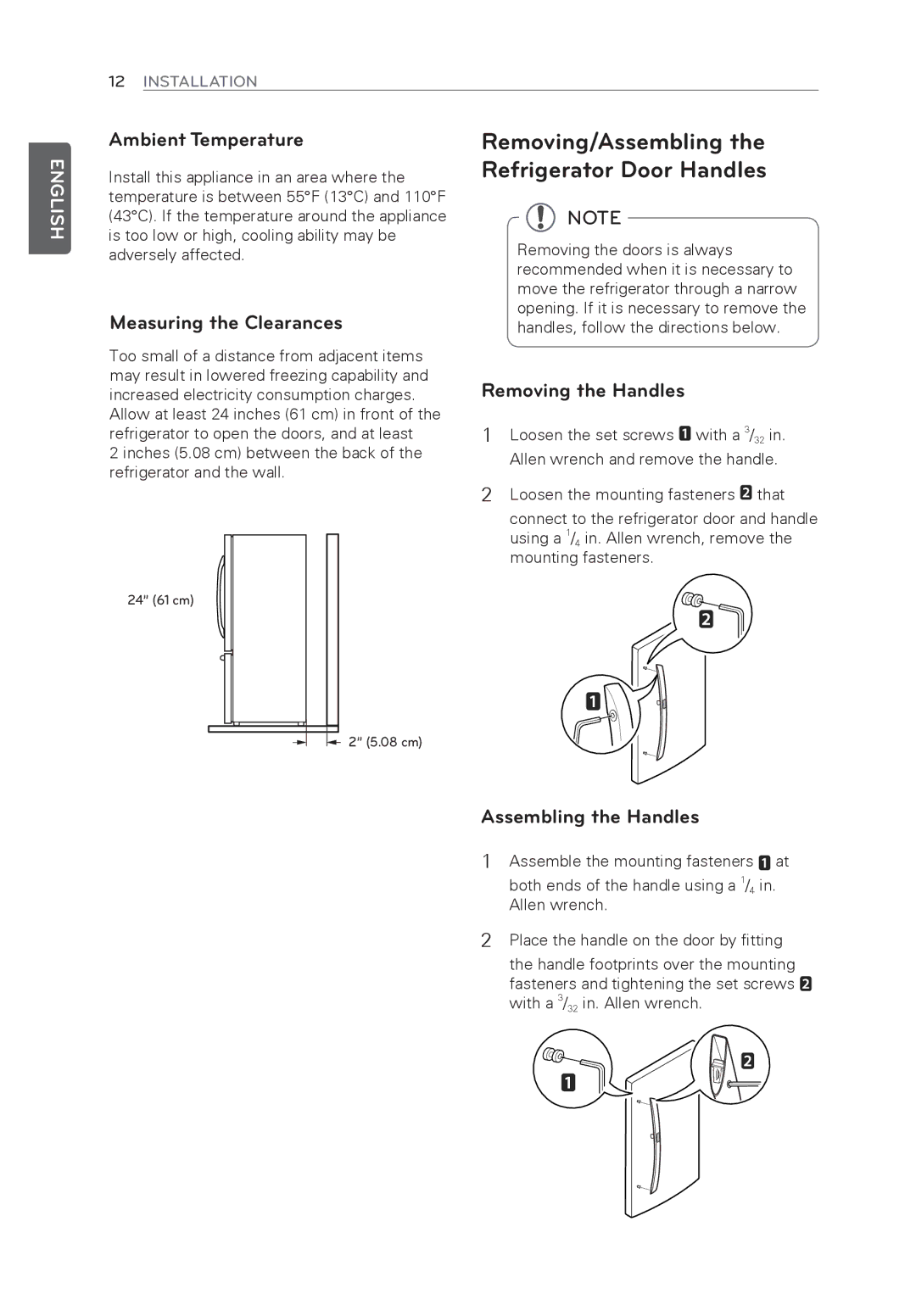 LG Electronics LFX31945ST Ambient Temperature, Measuring the Clearances, Removing the Handles, Assembling the Handles 