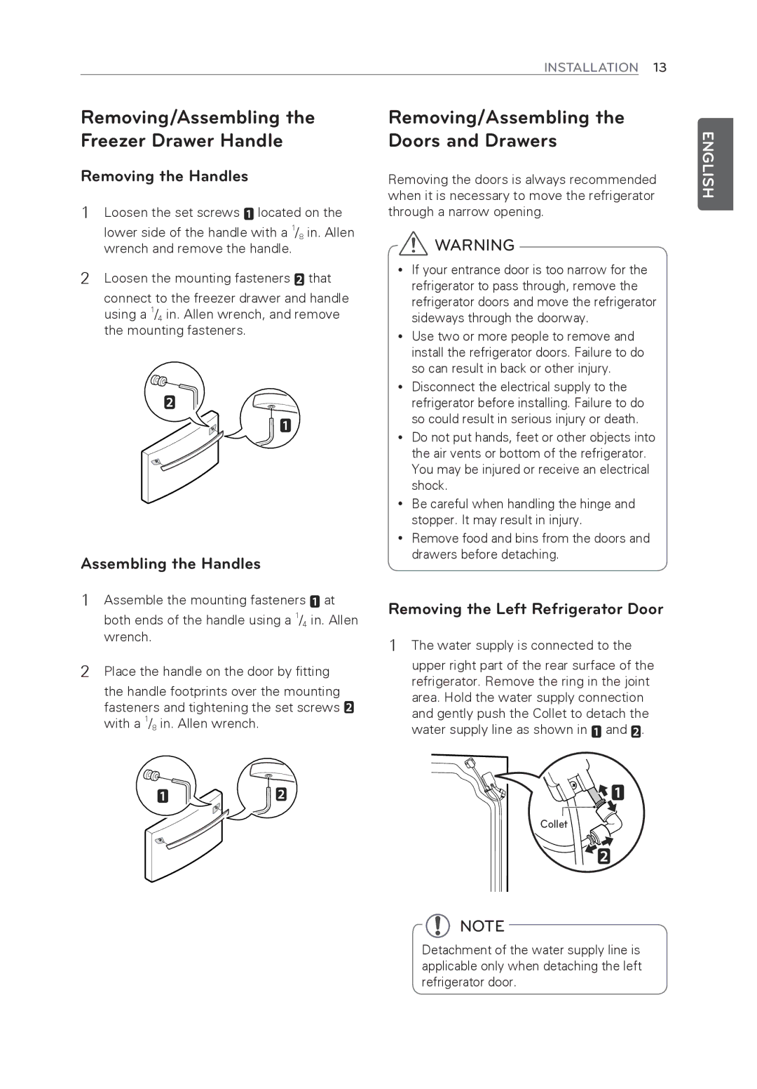 LG Electronics LFX31945ST owner manual Removing/Assembling the Doors and Drawers, Removing the Left Refrigerator Door 