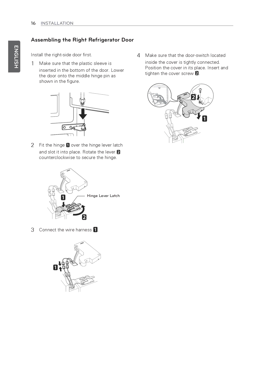 LG Electronics LFX31945ST Assembling the Right Refrigerator Door, Tighten the cover screw, Connect the wire harness 